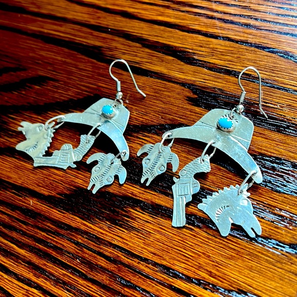 Sterling Silver Cowgirl Earrings with Turquoise - Picture 1 of 5